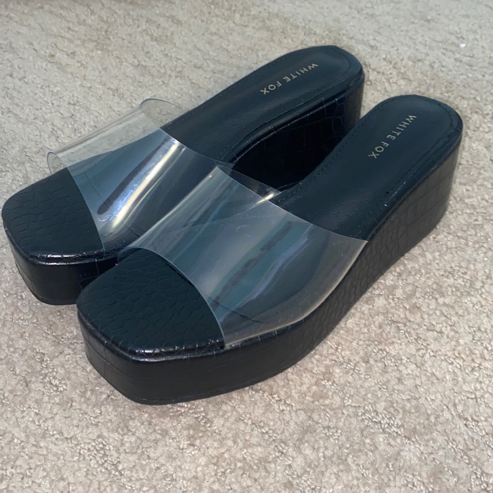 brand new, white fox sandals